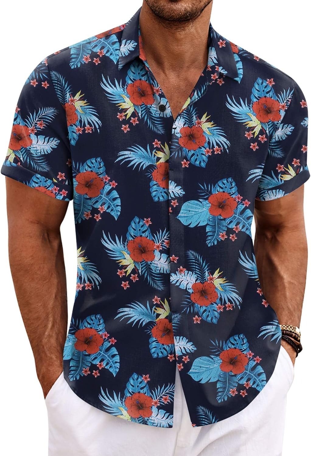 Men's Cotton Linen Short Sleeve Button Down Shirt