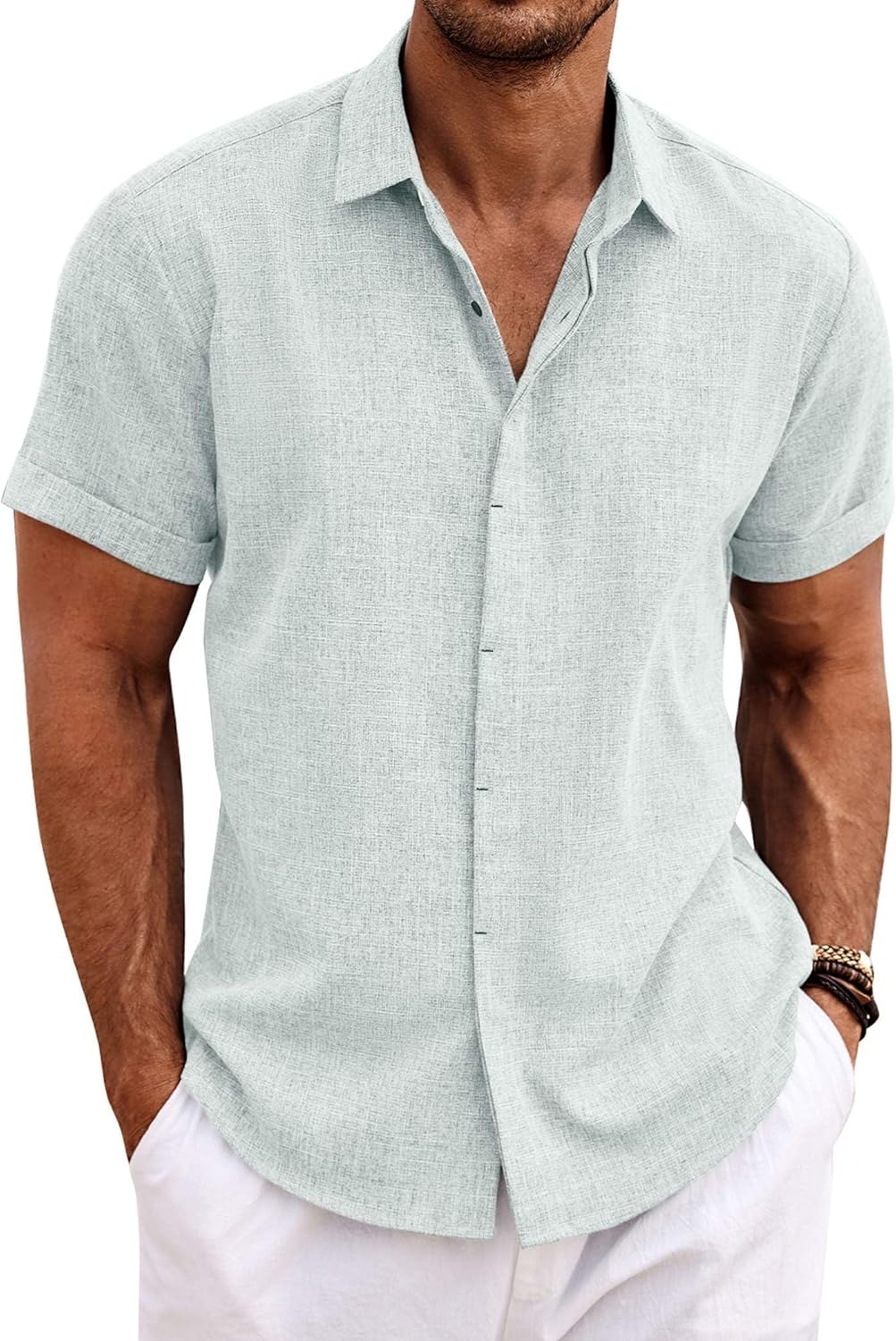 Men's Cotton Linen Short Sleeve Button Down Shirt