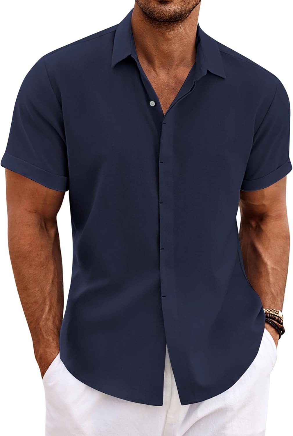 Men's Cotton Linen Short Sleeve Button Down Shirt