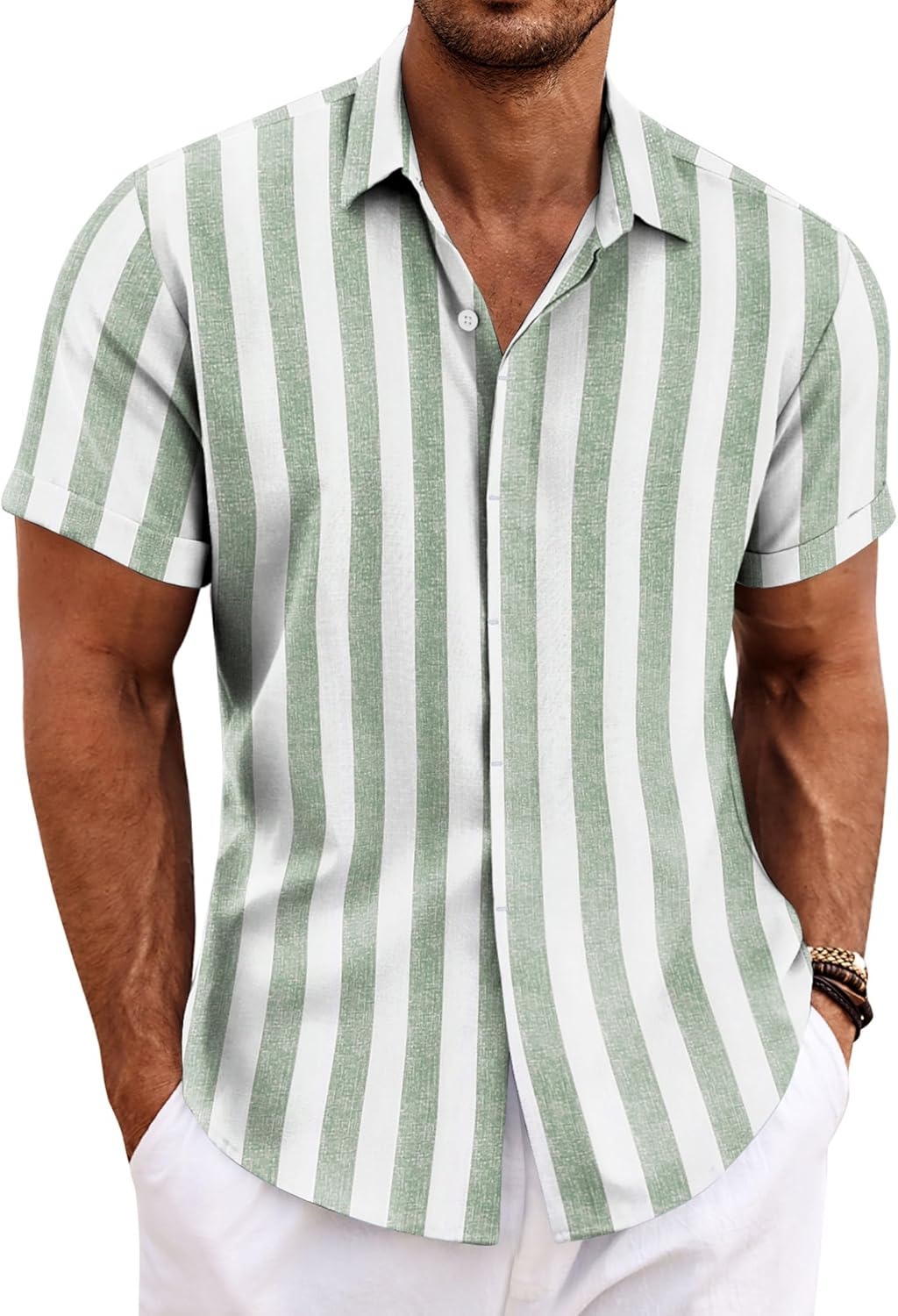 Men's Cotton Linen Short Sleeve Button Down Shirt