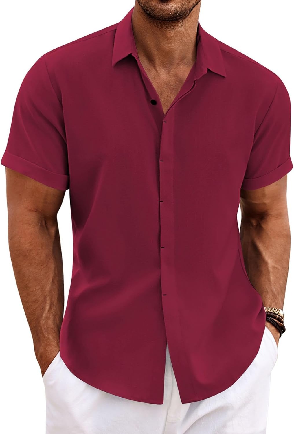 Men's Cotton Linen Short Sleeve Button Down Shirt
