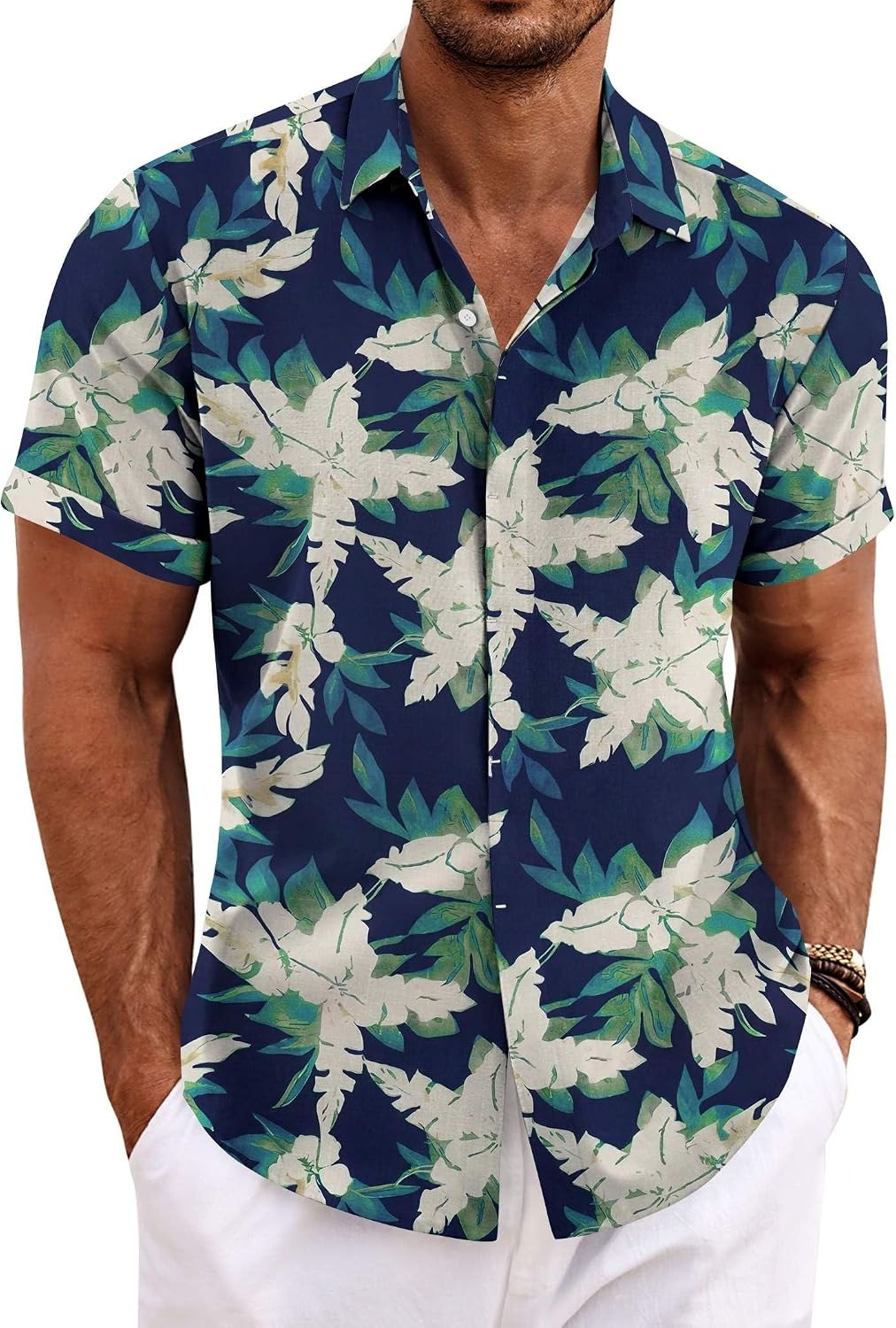 Men's Cotton Linen Short Sleeve Button Down Shirt
