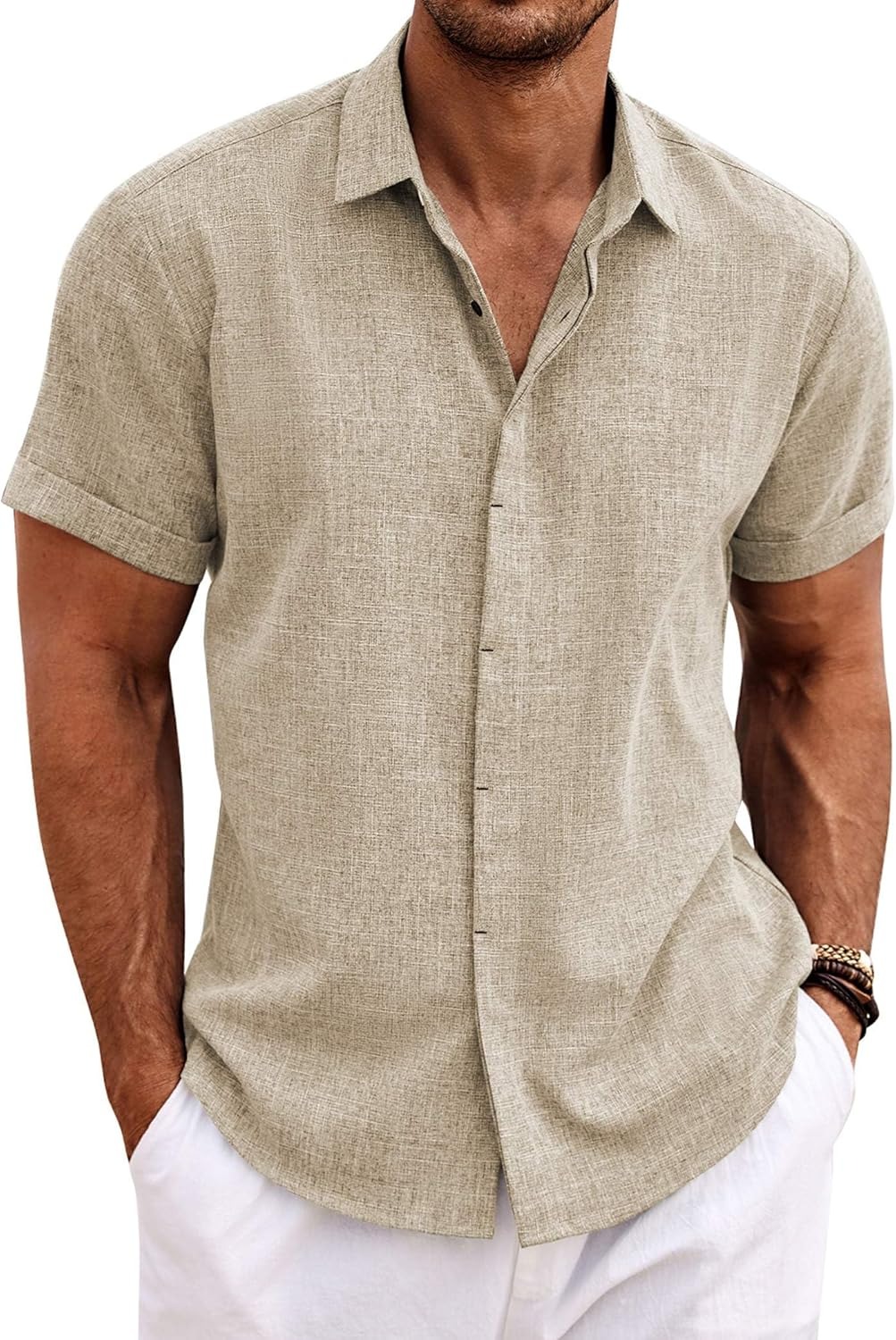 Men's Cotton Linen Short Sleeve Button Down Shirt