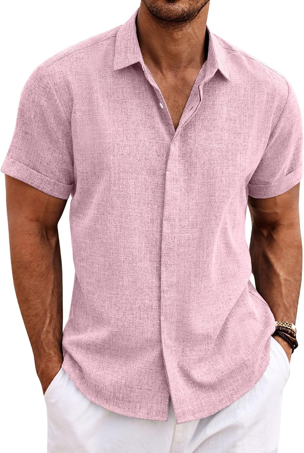 Men's Cotton Linen Short Sleeve Button Down Shirt