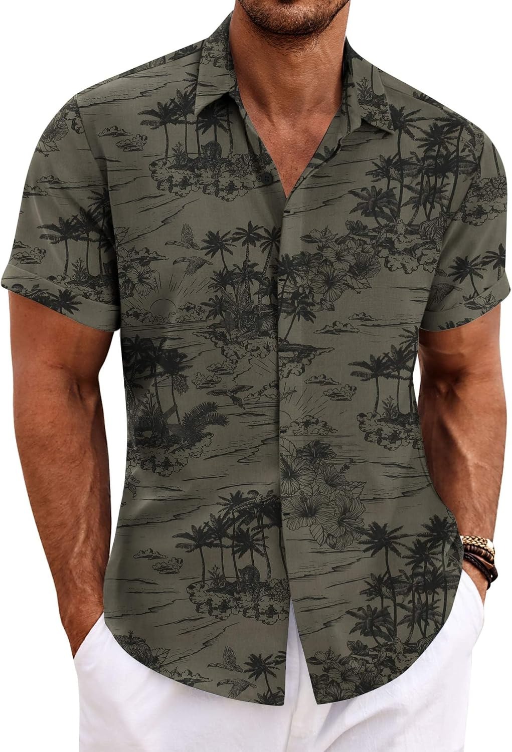 Men's Cotton Linen Short Sleeve Button Down Shirt