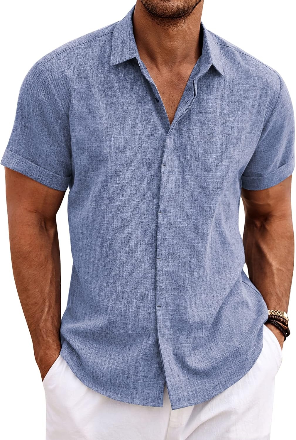Men's Cotton Linen Short Sleeve Button Down Shirt