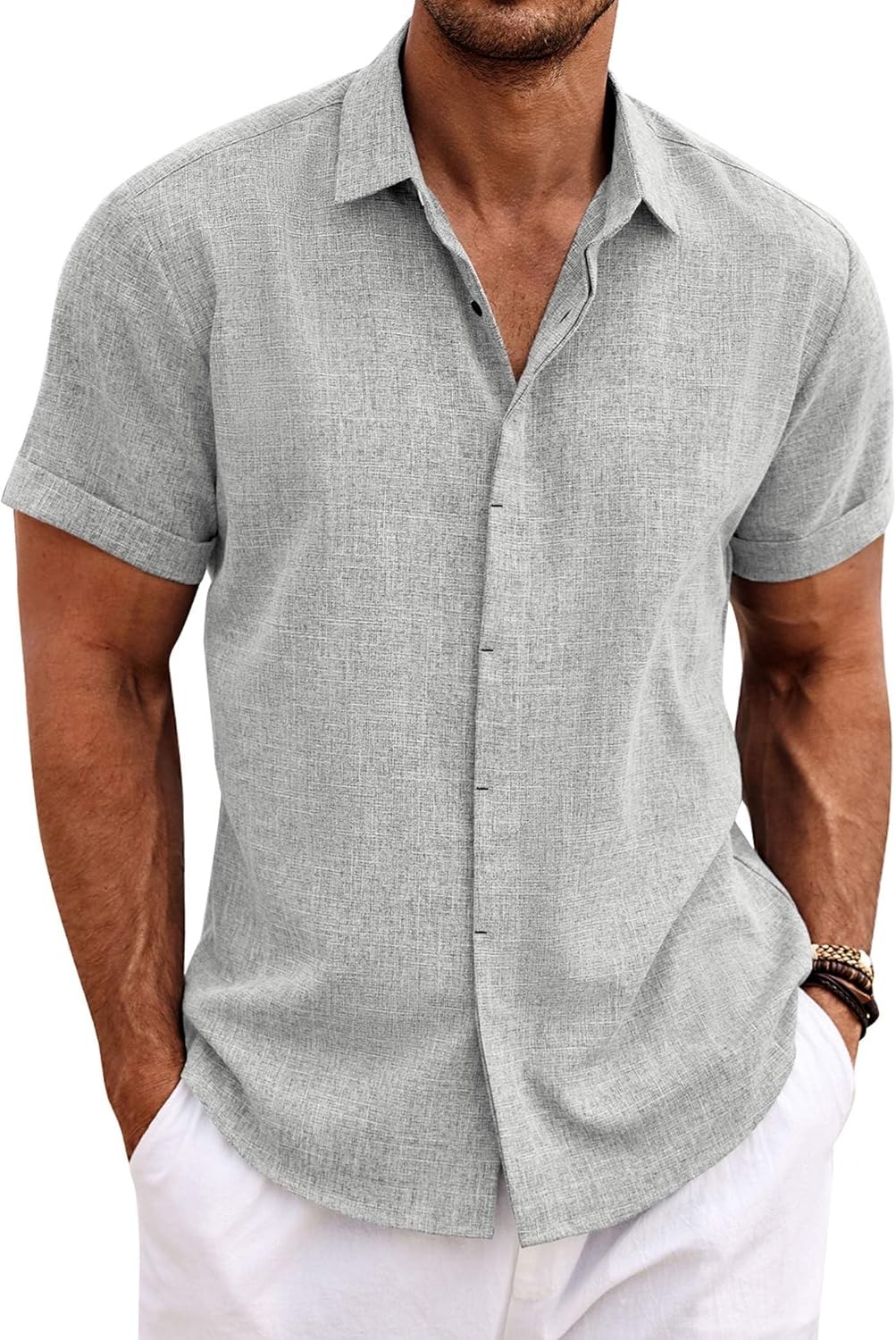 Men's Cotton Linen Short Sleeve Button Down Shirt