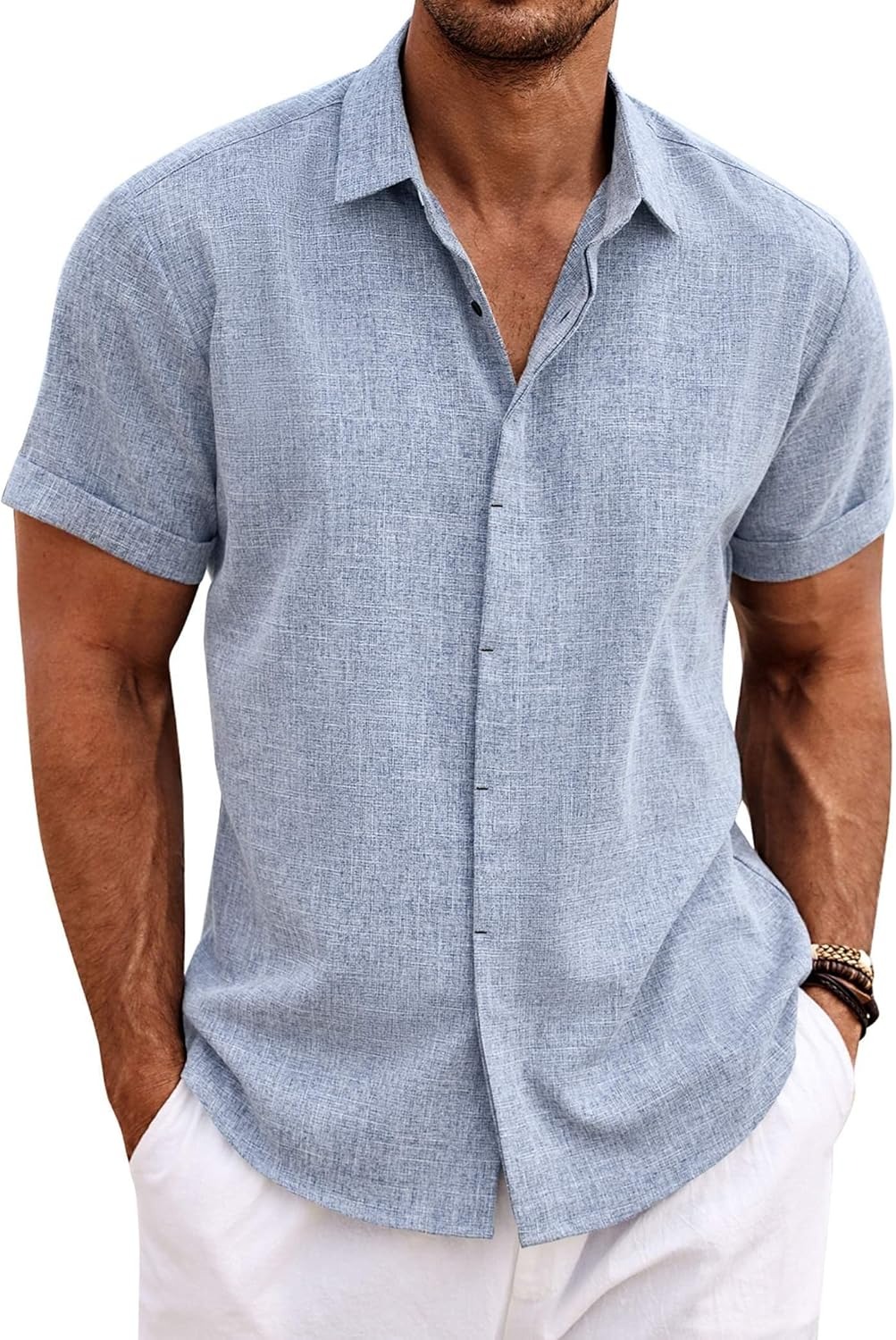 Men's Cotton Linen Short Sleeve Button Down Shirt