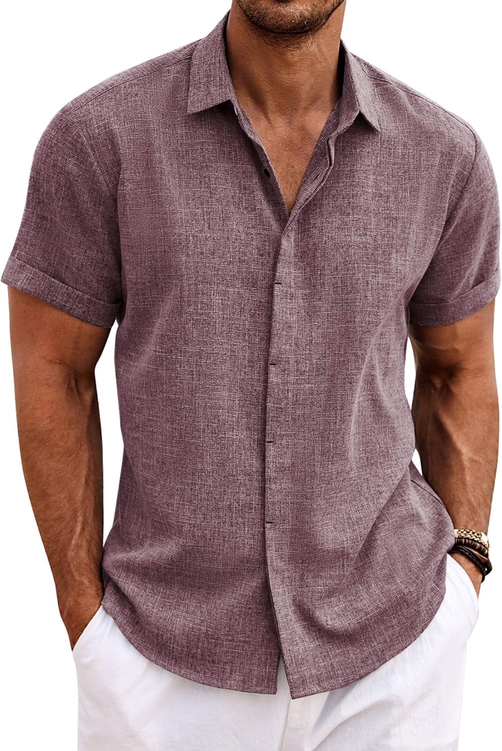 Men's Cotton Linen Short Sleeve Button Down Shirt