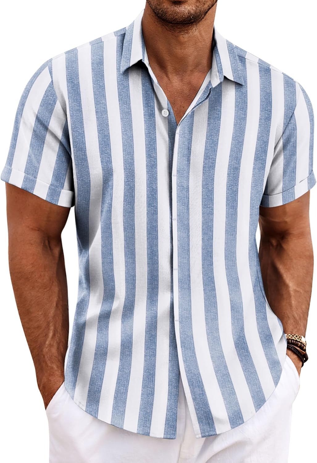Men's Cotton Linen Short Sleeve Button Down Shirt