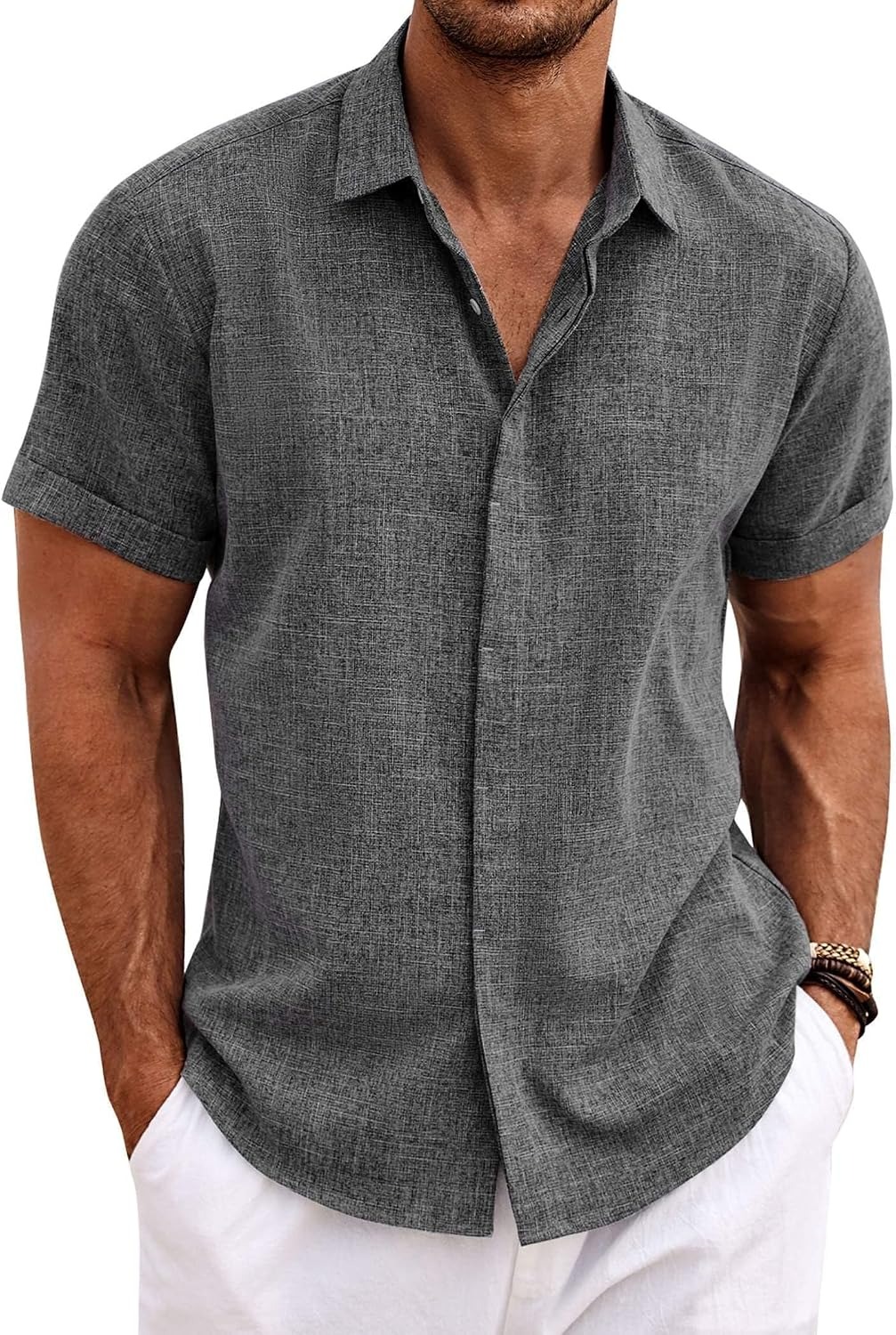 Men's Cotton Linen Short Sleeve Button Down Shirt