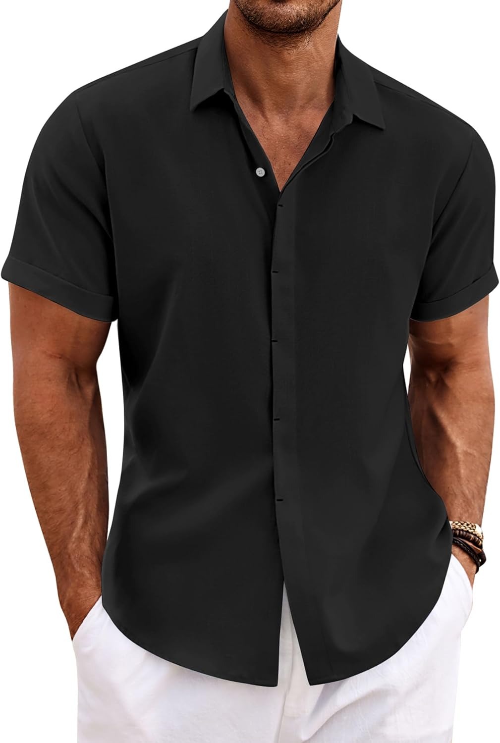 Men's Cotton Linen Short Sleeve Button Down Shirt