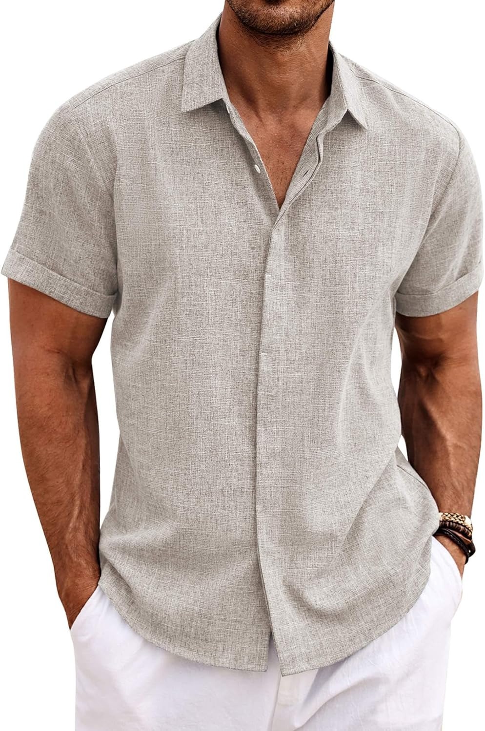 Men's Cotton Linen Short Sleeve Button Down Shirt