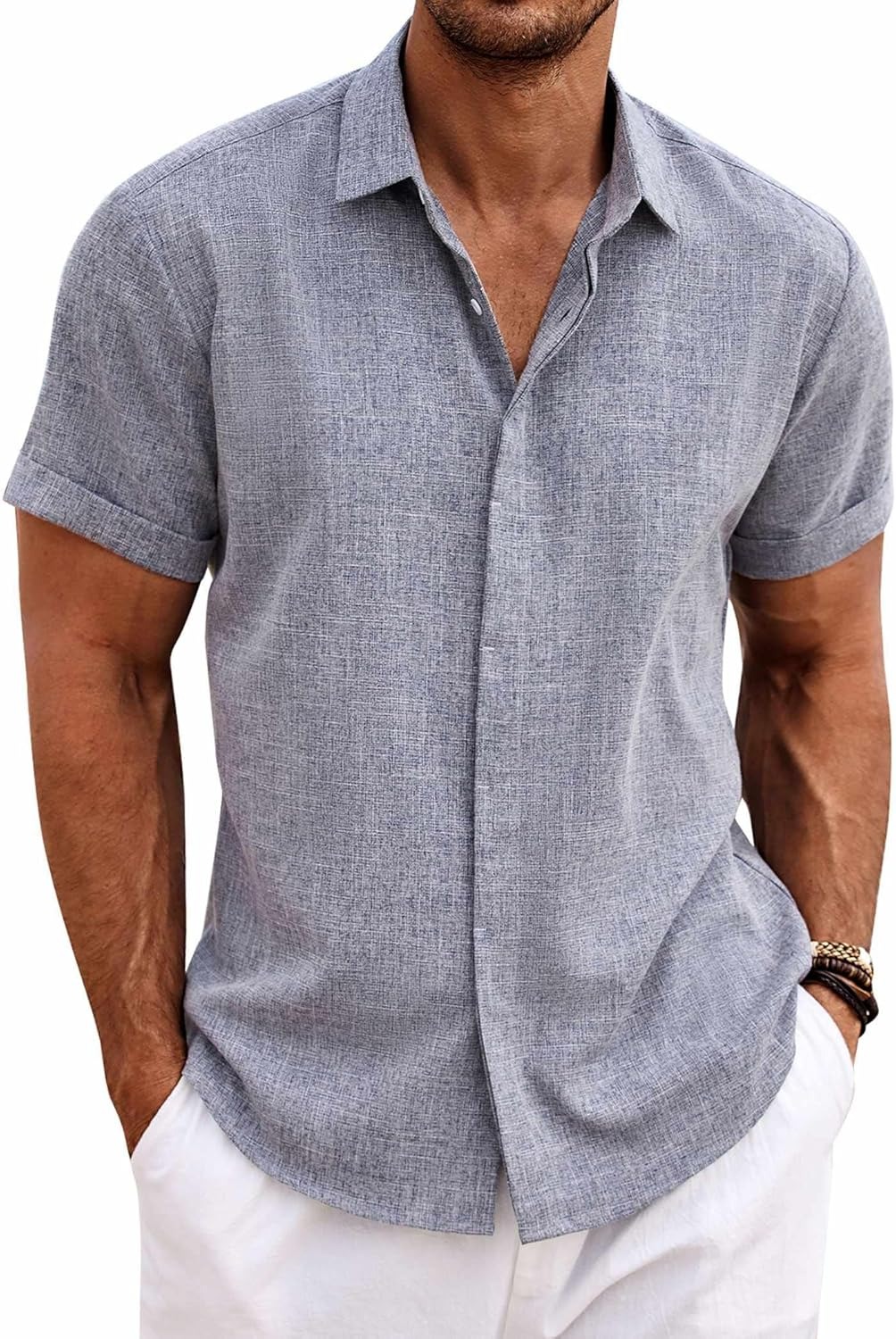 Men's Cotton Linen Short Sleeve Button Down Shirt