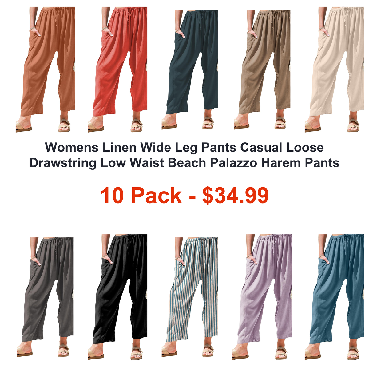 Womens Linen Wide Leg Pants Casual Loose Drawstring Low Waist Beach Palazzo Harem Pants with Pockets fit and styling view