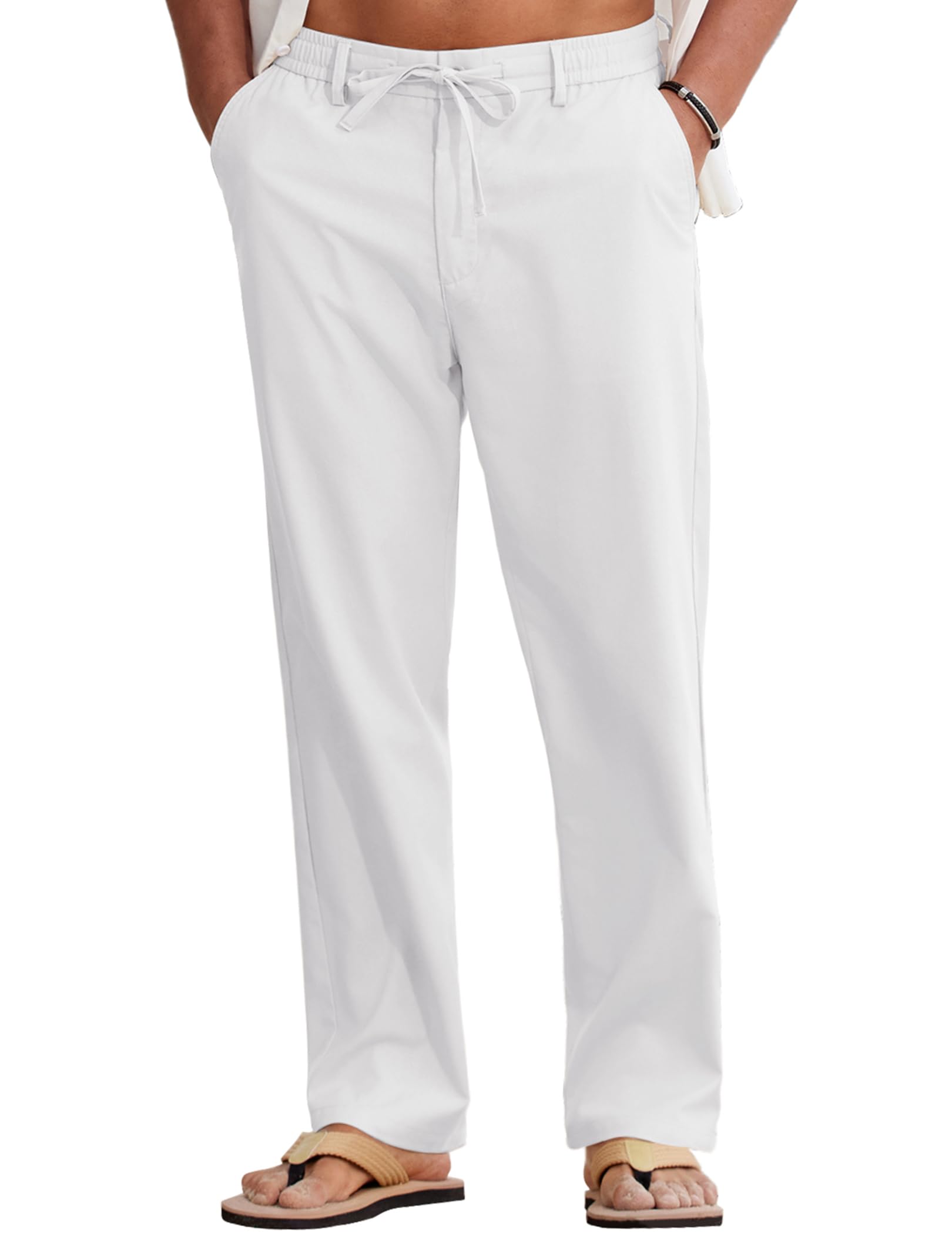 COOFANDY Men Cotton Linen Drawstring Pants Casual Lightweight Summer Beach Pants - White