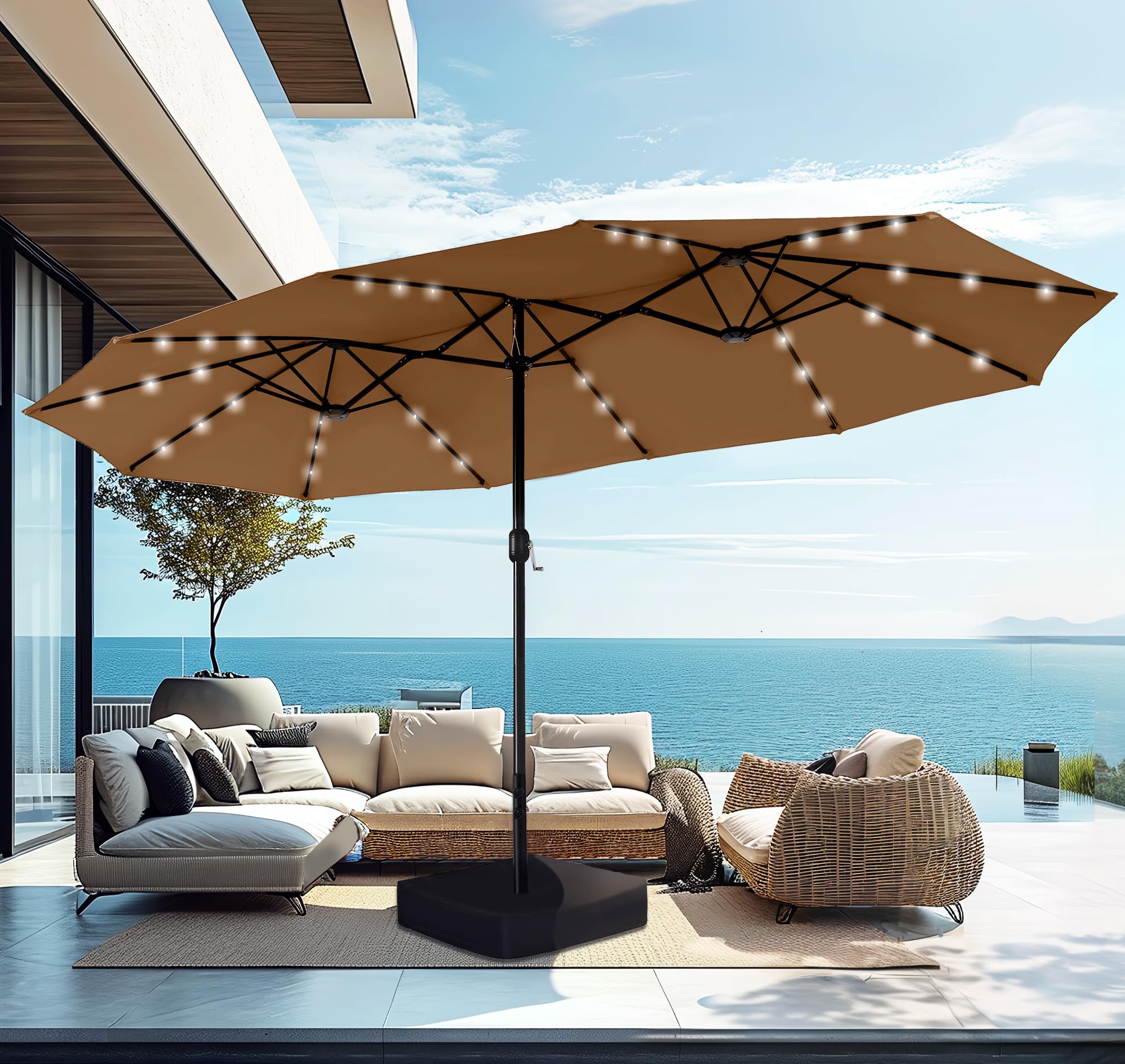 🔥🔥Limited Time Offer🔥🔥 15 ft Extra Large Patio Umbrella with 36 LED Lights, Metal Construction, Includes Base