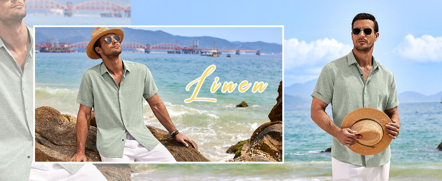 Men's Cotton Linen Short Sleeve Button Down Shirt description image 12