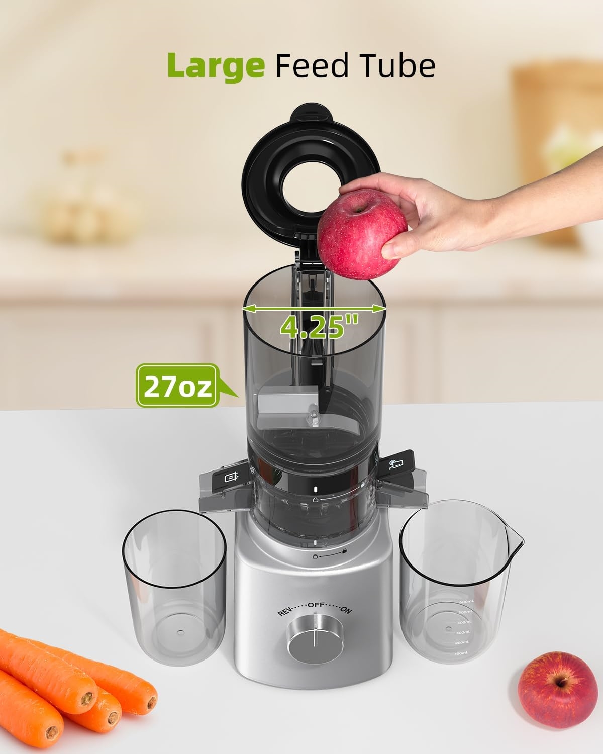 Cold Press Juicer with 8 Juice Bottles - Masticating Juicer Machines for Fruits and Veggies, 4.25" Large Feed Chute, Easy to Clean