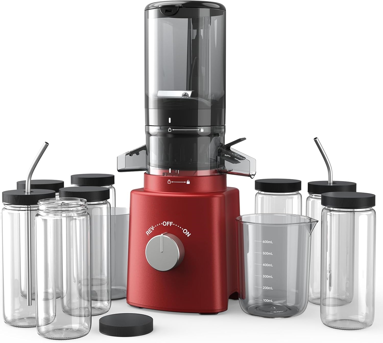 Cold Press Juicer with 8 Juice Bottles - Masticating Juicer Machines for Fruits and Veggies, 4.25" Large Feed Chute, Easy to Clean