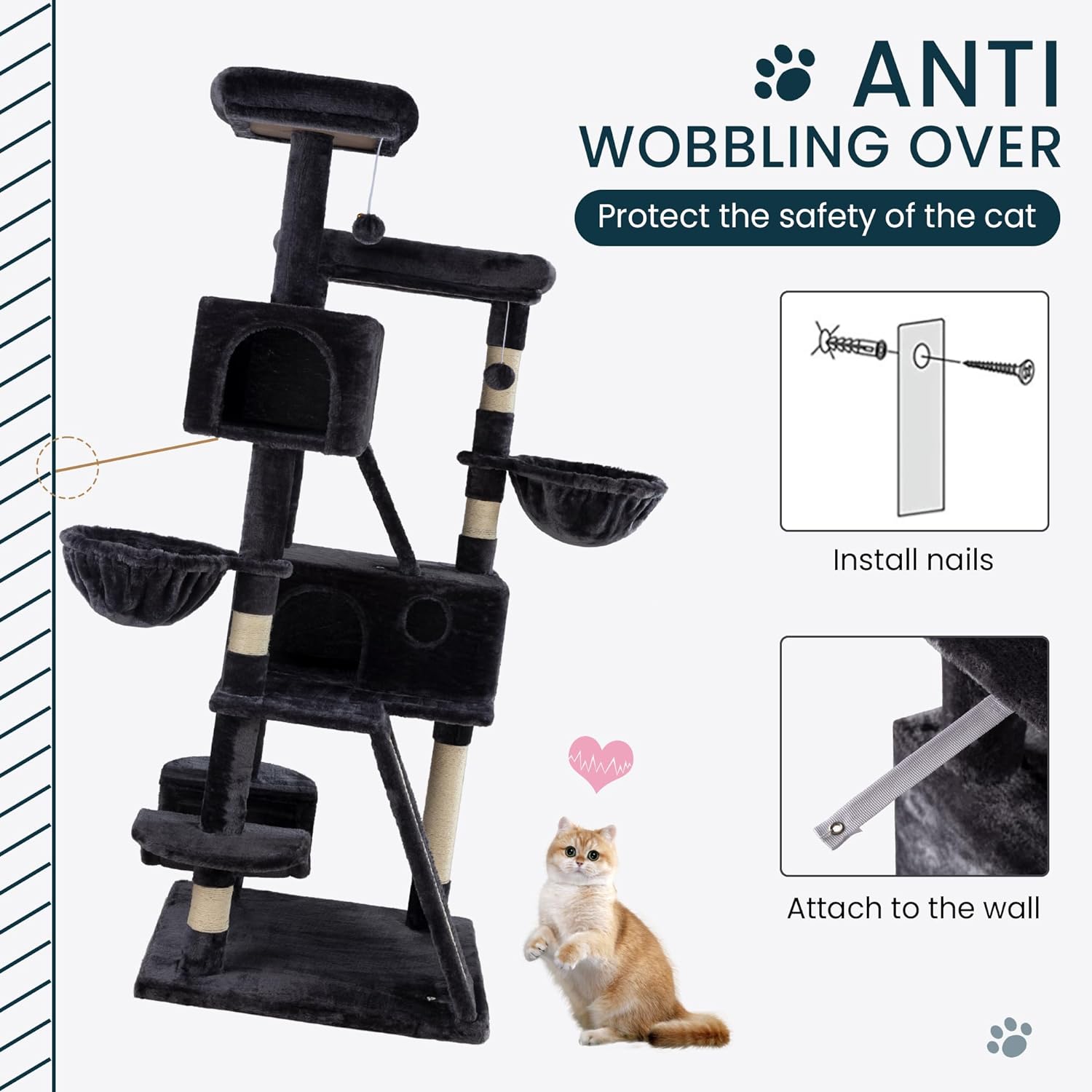 Larger Cat Tree Tower Condo for Indoor Kitties/Multi-Level Furniture Activity Center with Wide Base/Cozy Plush Cat Perches/Baskets/Sisal Scratching Posts and Hammock/Beige