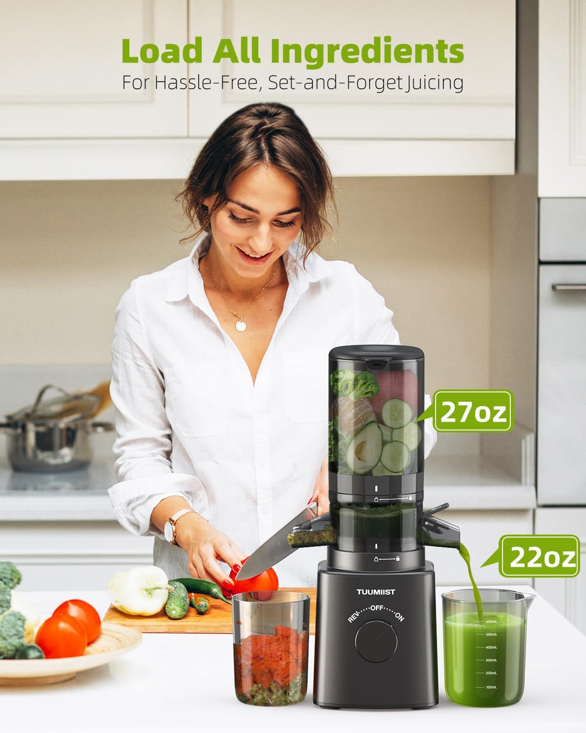 Cold Press Juicer with 8 Juice Bottles - Masticating Juicer Machines for Fruits and Veggies, 4.25" Large Feed Chute, Easy to Clean