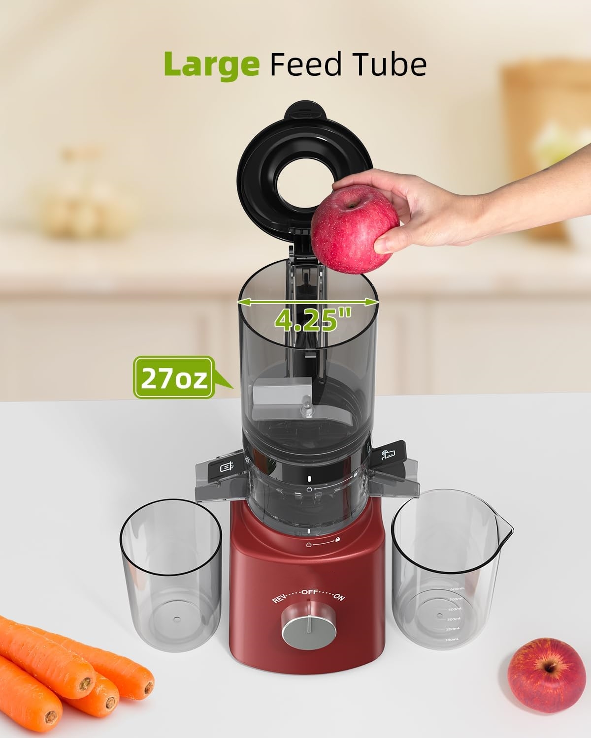 Cold Press Juicer with 8 Juice Bottles - Masticating Juicer Machines for Fruits and Veggies, 4.25" Large Feed Chute, Easy to Clean