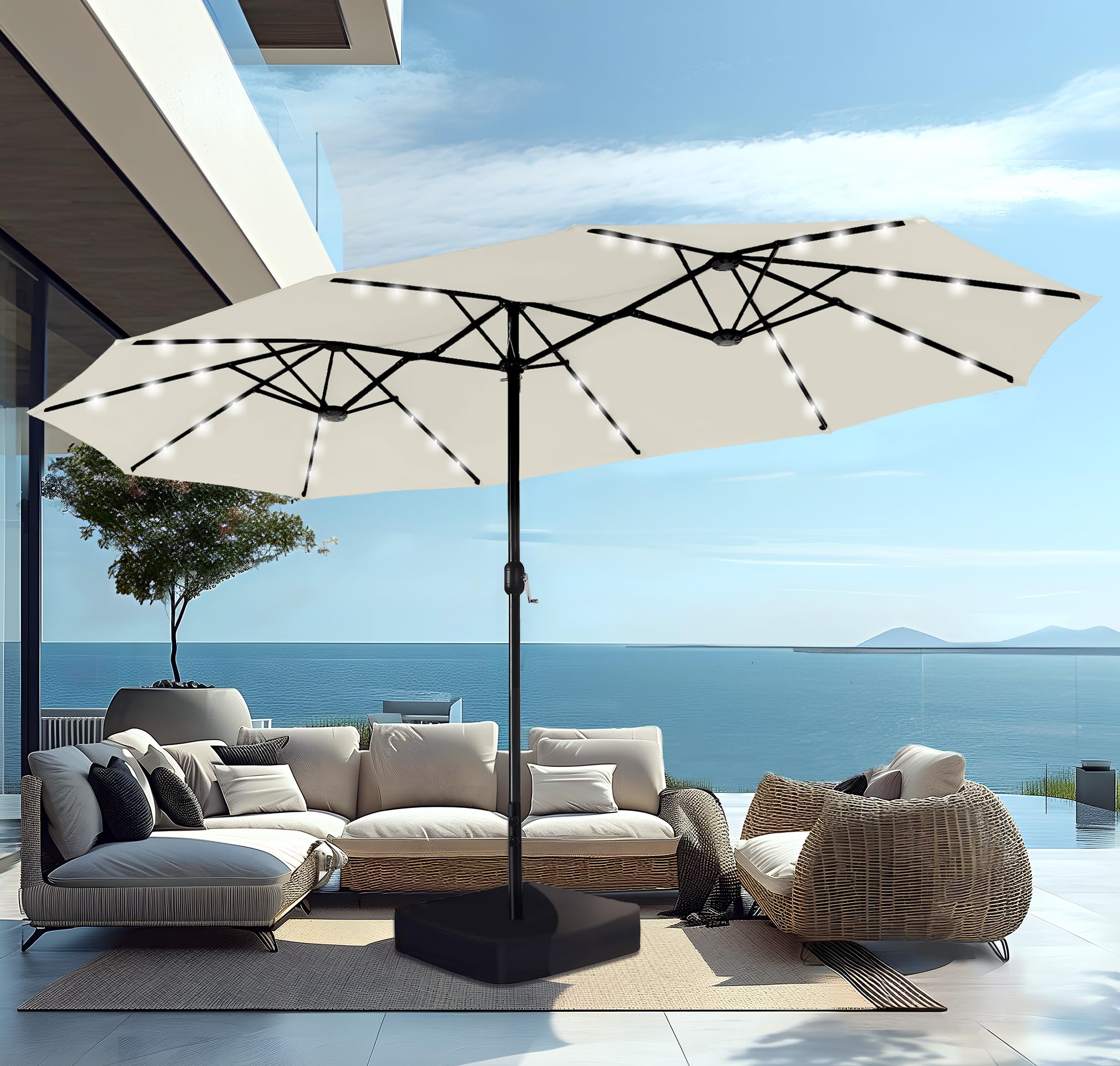 🔥🔥Limited Time Offer🔥🔥 15 ft Extra Large Patio Umbrella with 36 LED Lights, Metal Construction, Includes Base