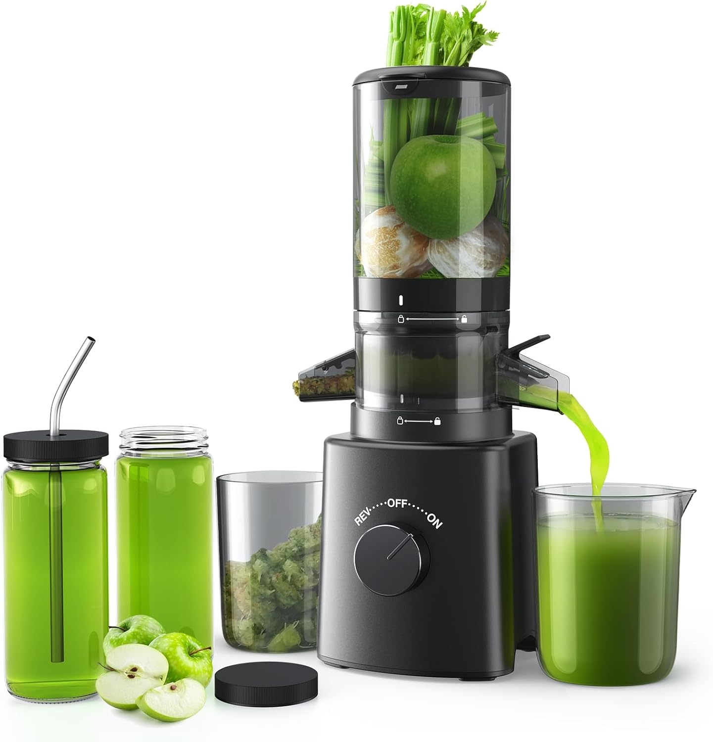 Cold Press Juicer with 8 Juice Bottles - Masticating Juicer Machines for Fruits and Veggies, 4.25" Large Feed Chute, Easy to Clean