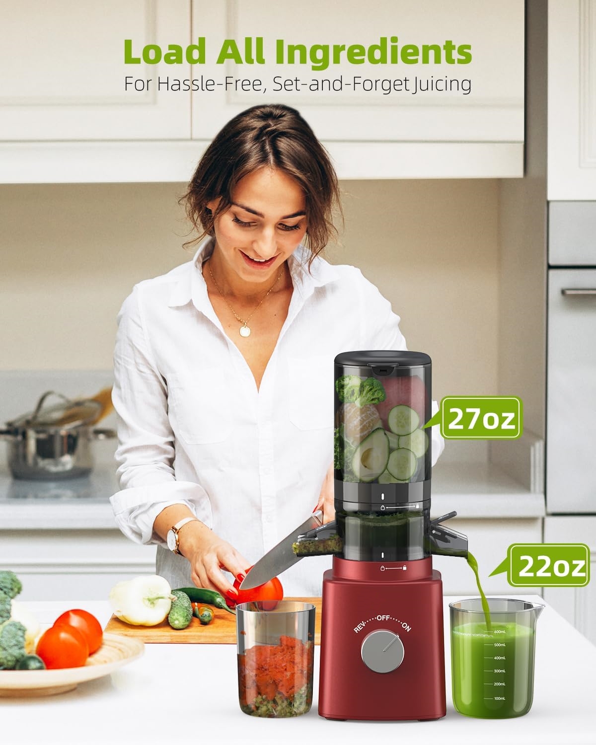 Cold Press Juicer with 8 Juice Bottles - Masticating Juicer Machines for Fruits and Veggies, 4.25" Large Feed Chute, Easy to Clean