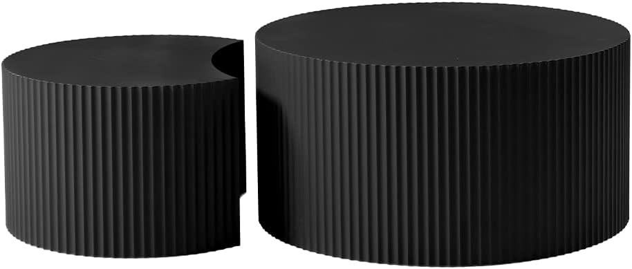 Nesting Coffee Table Set of 2, Round & Crescent Moon Wooden Coffee Tables, Modern Luxury Accent End Tea Table for Living Room Apartment (Black-Round)