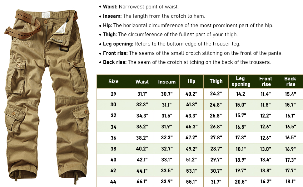 Cargo pants for men size chart