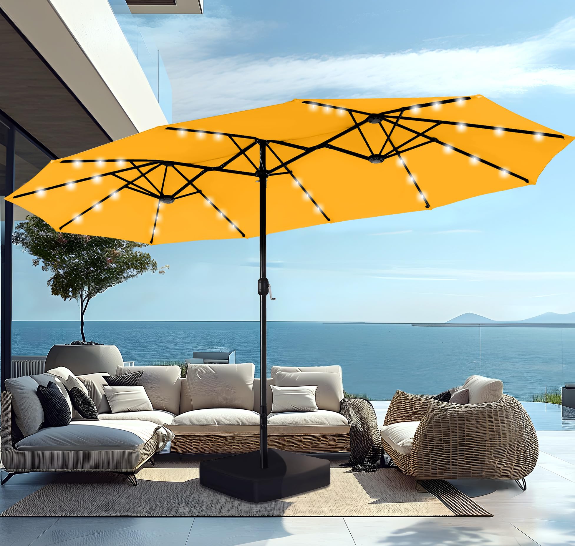 🔥🔥Limited Time Offer🔥🔥 15 ft Extra Large Patio Umbrella with 36 LED Lights, Metal Construction, Includes Base
