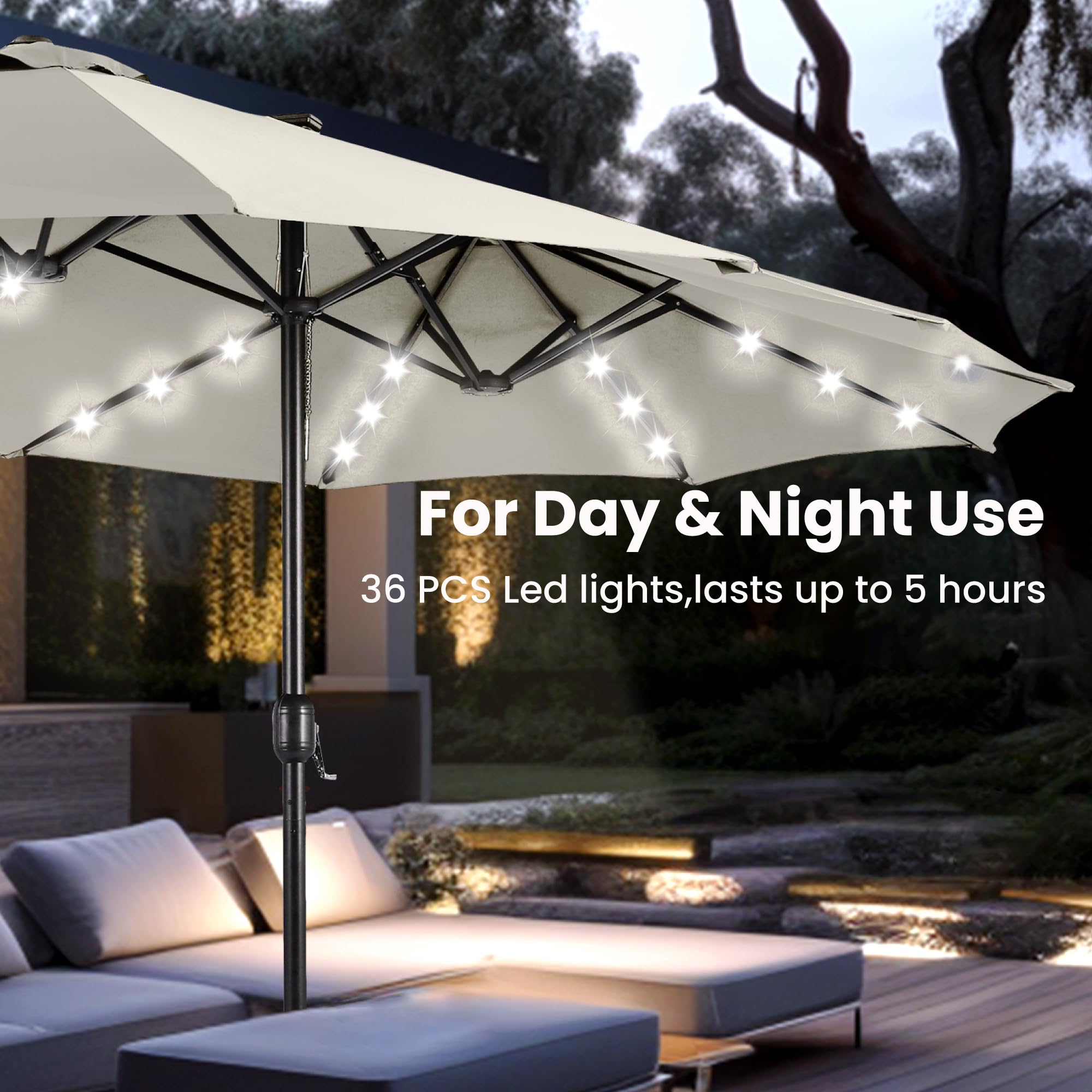 🔥🔥Limited Time Offer🔥🔥 15 ft Extra Large Patio Umbrella with 36 LED Lights, Metal Construction, Includes Base