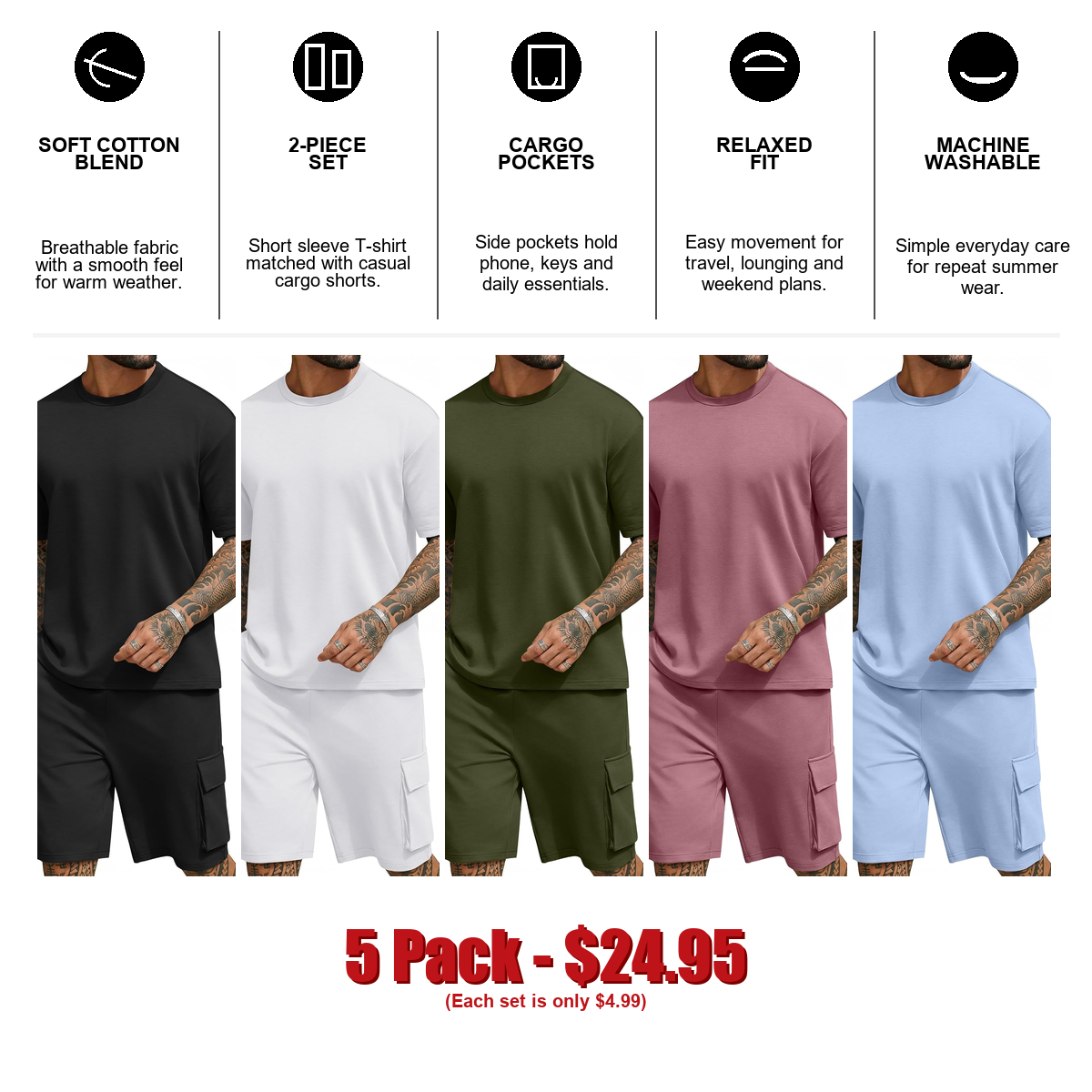 Men's Shirt and Shorts Set 2 Piece Fashion Summer Tracksuits Cotton Oversized T-Shirts Cargo Shorts Outfits