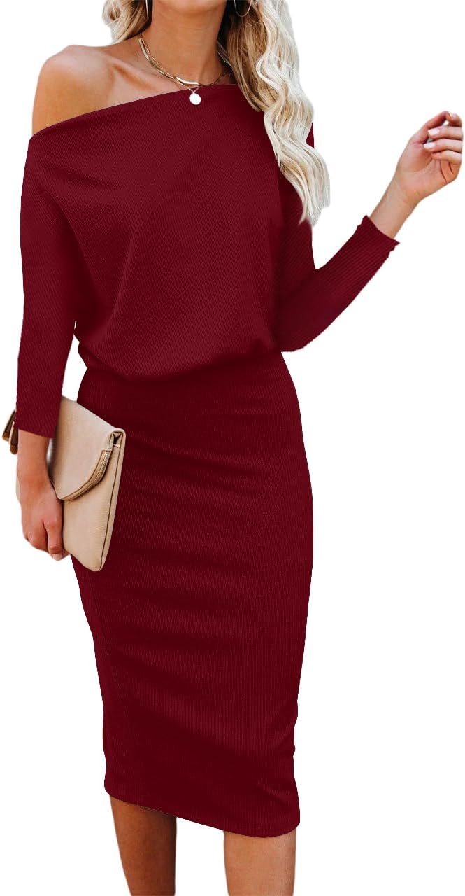 Ezbelle Women's Off The Shoulder Knit Bodycon Midi Dress - Burgundy