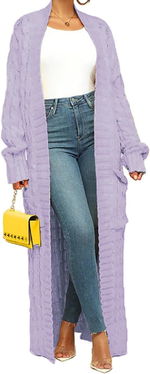 Womens Thin Stylish Cable Knit Dual Extra Long Maxi Cardigan with 2-Pockets - Cardigan-light Purple
