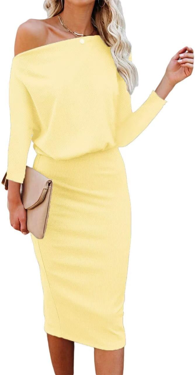 Ezbelle Women's Off The Shoulder Knit Bodycon Midi Dress - Lightyellow