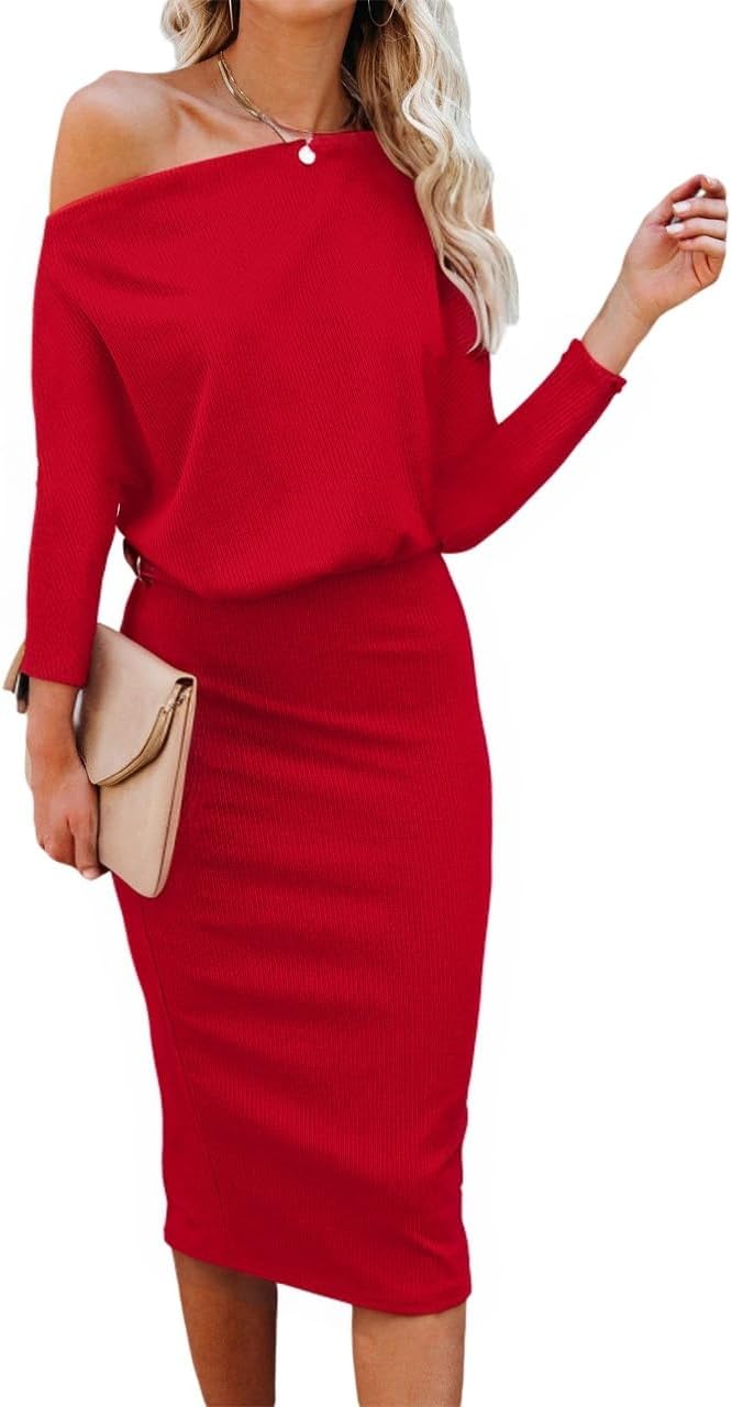 Ezbelle Women's Off The Shoulder Knit Bodycon Midi Dress - Red