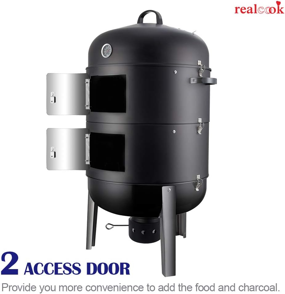 Vertical 17 Inch Steel Charcoal Smoker, Heavy Duty Round BBQ Grill for Outdoor Cooking, Black