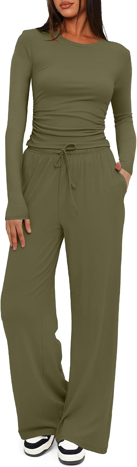 Women's 2 Piece Lounge Set with Wide Leg Pants