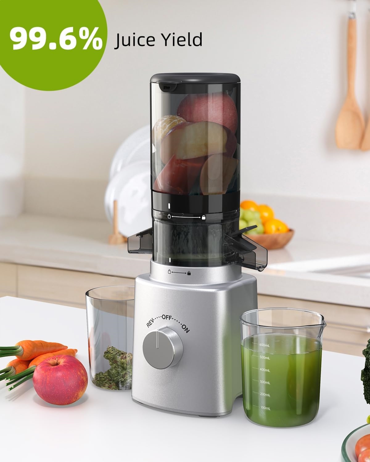 Cold Press Juicer with 8 Juice Bottles - Masticating Juicer Machines for Fruits and Veggies, 4.25" Large Feed Chute, Easy to Clean