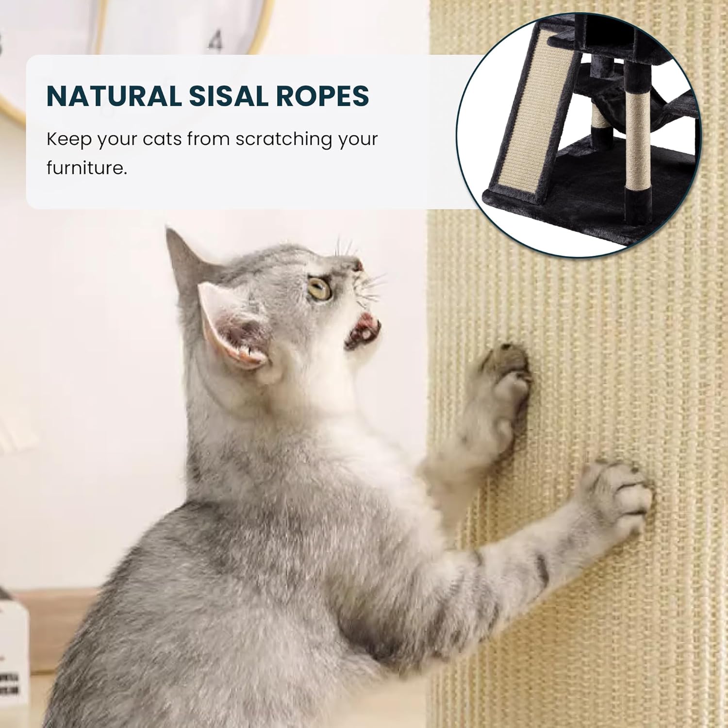 Larger Cat Tree Tower Condo for Indoor Kitties/Multi-Level Furniture Activity Center with Wide Base/Cozy Plush Cat Perches/Baskets/Sisal Scratching Posts and Hammock/Beige