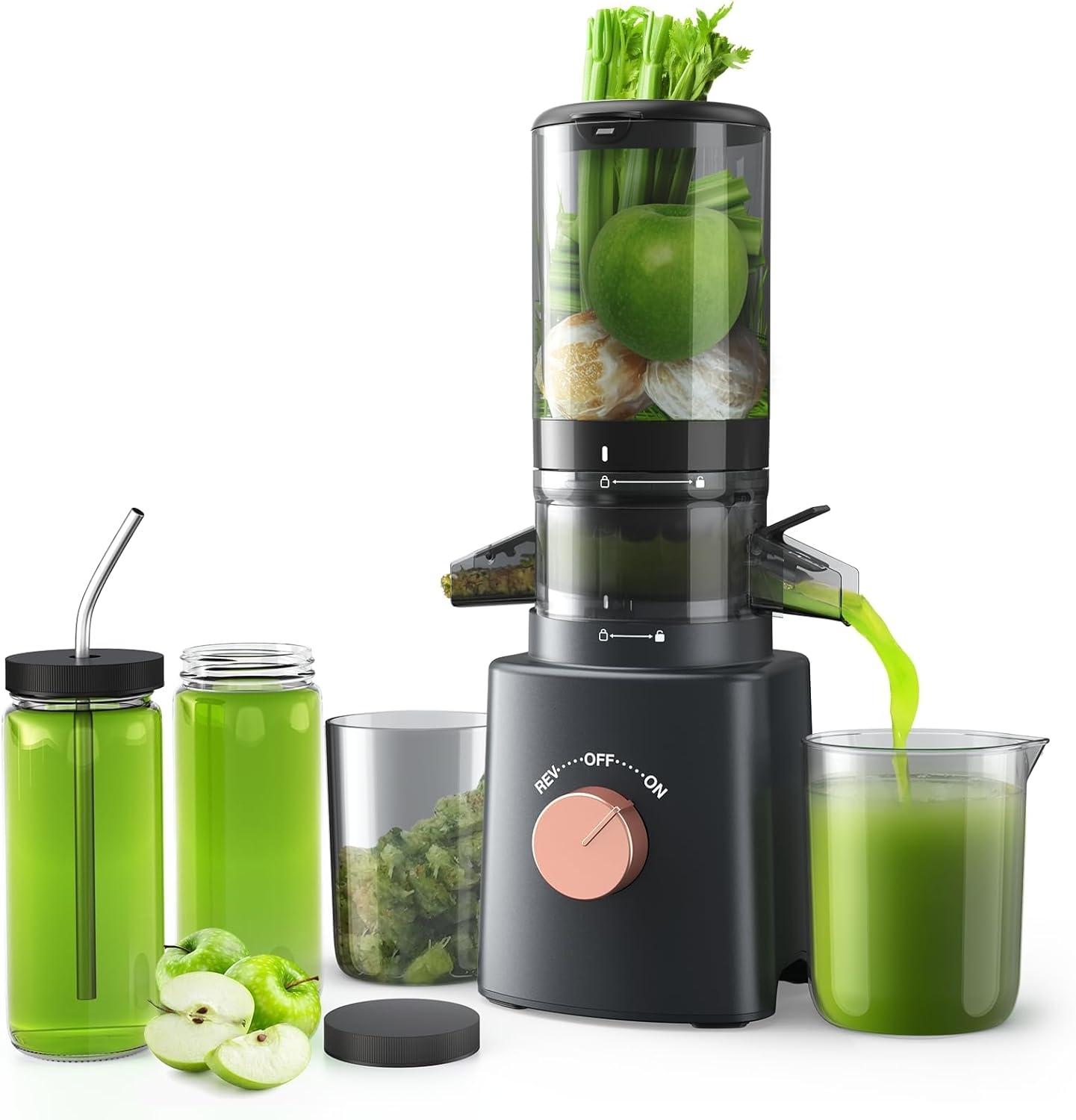 Cold Press Juicer with 8 Juice Bottles - Masticating Juicer Machines for Fruits and Veggies, 4.25" Large Feed Chute, Easy to Clean