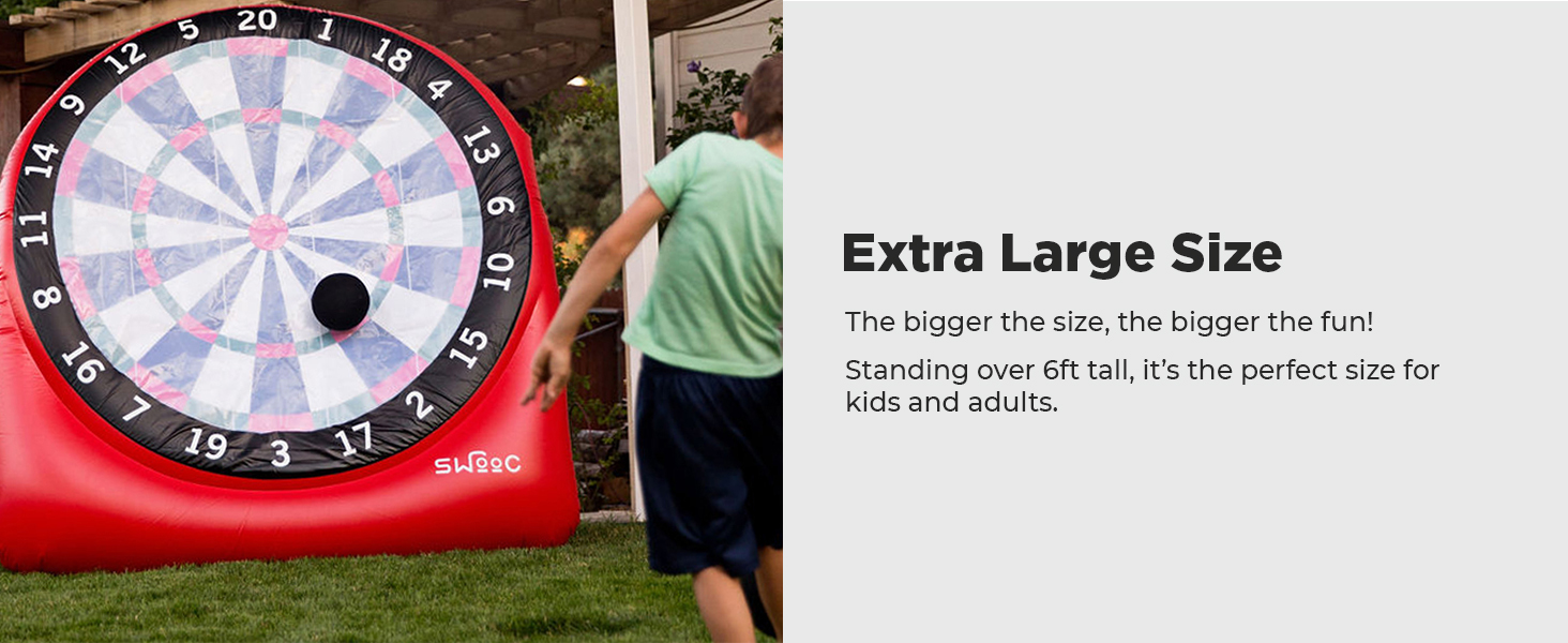 Swooc games for people that do it big. Boy about to kick kickballs at giant dartboard.