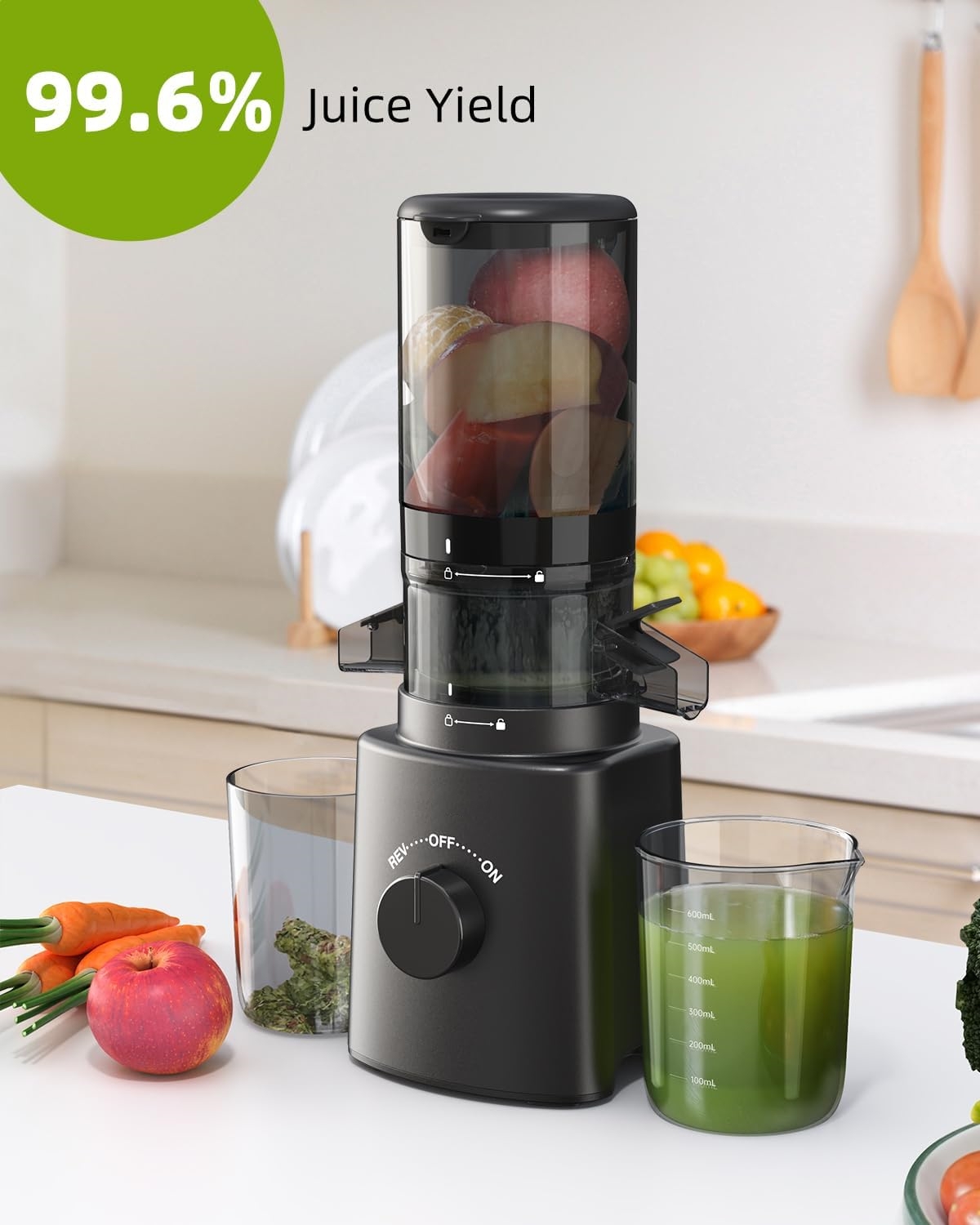 Cold Press Juicer with 8 Juice Bottles - Masticating Juicer Machines for Fruits and Veggies, 4.25" Large Feed Chute, Easy to Clean