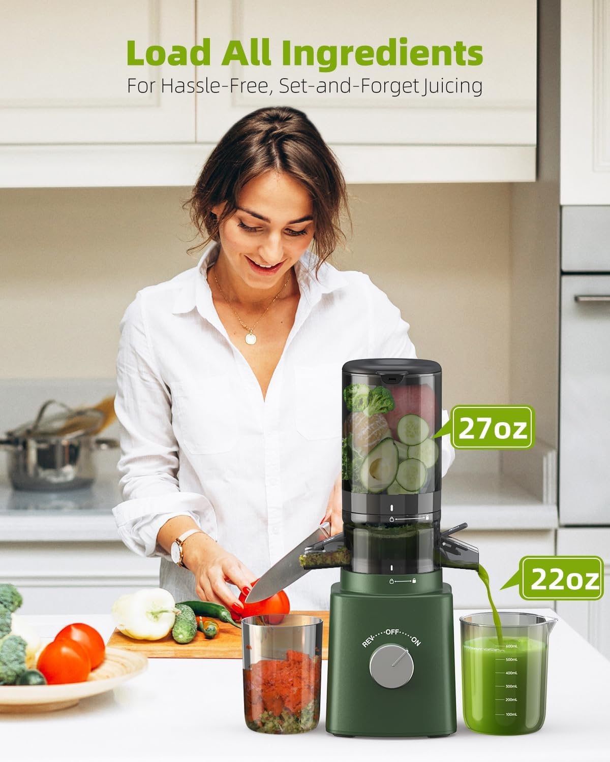 Cold Press Juicer with 8 Juice Bottles - Masticating Juicer Machines for Fruits and Veggies, 4.25" Large Feed Chute, Easy to Clean