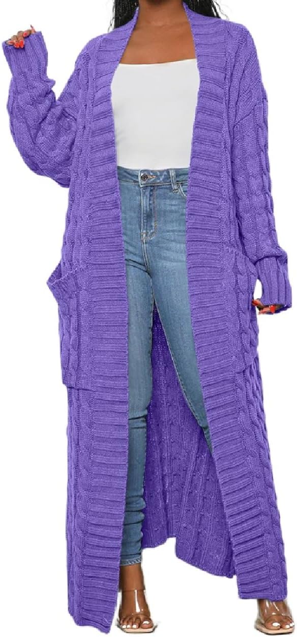 Womens Thin Stylish Cable Knit Dual Extra Long Maxi Cardigan with 2-Pockets - Cardigan-medium Purple