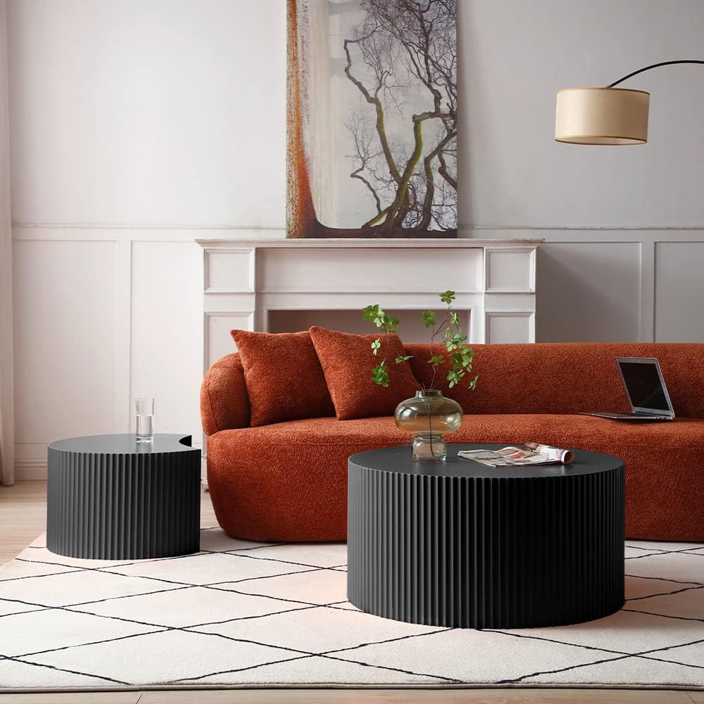 Nesting Coffee Table Set of 2, Round & Crescent Moon Wooden Coffee Tables, Modern Luxury Accent End Tea Table for Living Room Apartment (Black-Round)