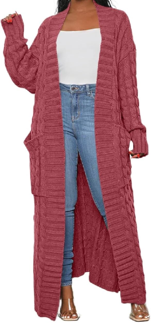 Womens Thin Stylish Cable Knit Dual Extra Long Maxi Cardigan with 2-Pockets - Cardigan-dark Pink